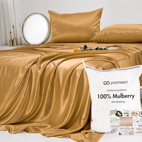 PROMEED 100% Pure Mulberry Silk Sheet Set 4pcs, Upgarded 6A+ 23 Momme Gold Silk Bed Sheets Set with Top&Bottom Bedsheets and Pillowcases (Gold, Queen)