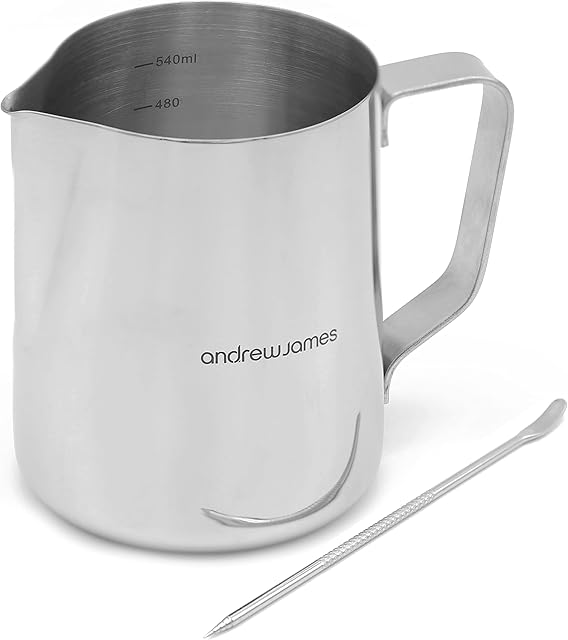 Andrew James Milk Jug Stainless Steel for Frothing and Coffee Machine | 600ml | Barista Style Metal Jug | Steady Pour Lip and Measuring Scale | Milk Art Pen