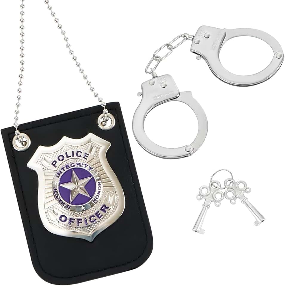 Conjunto de accesorios de disfraz de policía de 2 piezas, incluye placa y esposas de juguete, para niños, Halloween y fiestas.