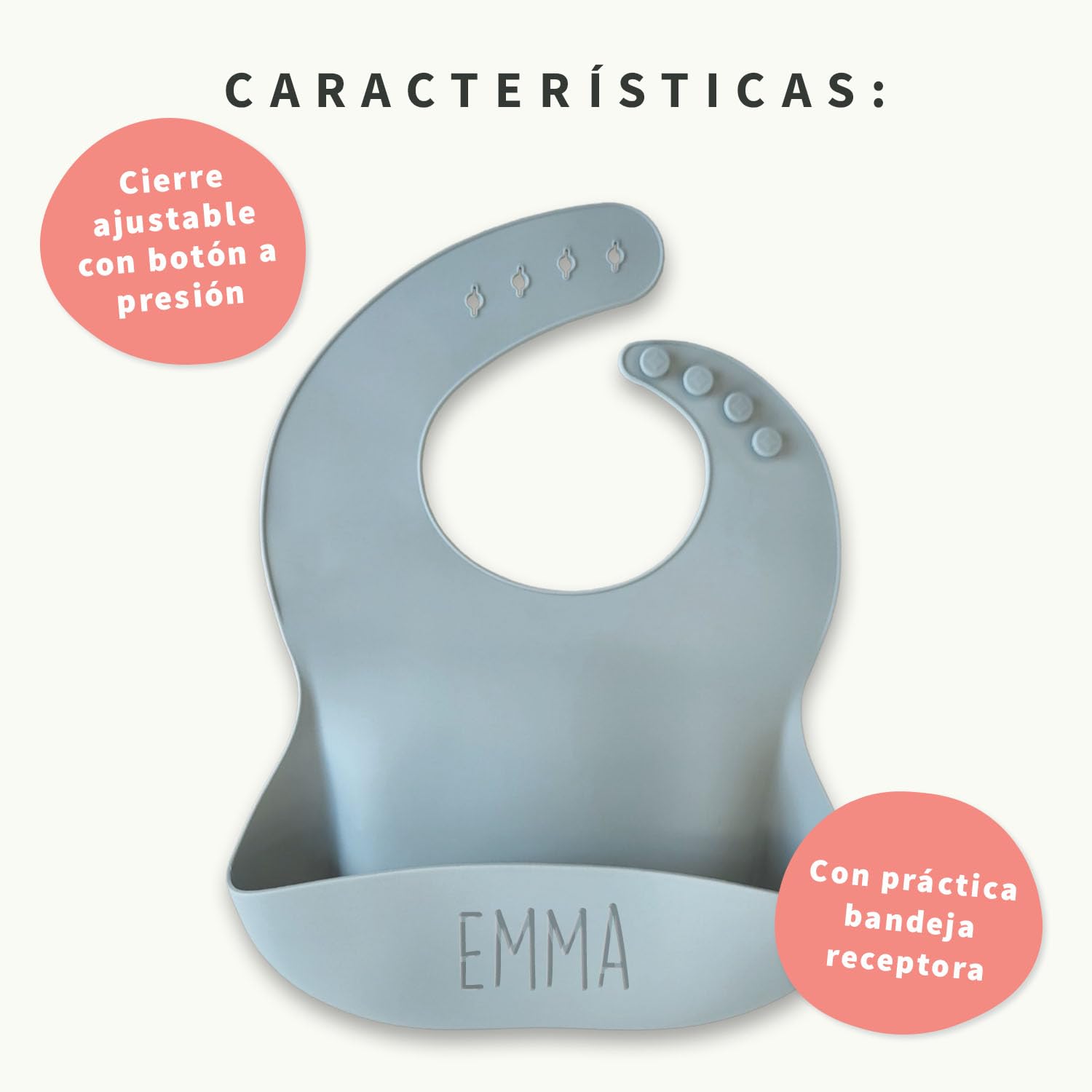 Babero de silicona para bebé con nombre grabado – Babero infantil lavable, impermeable y con bandeja receptora