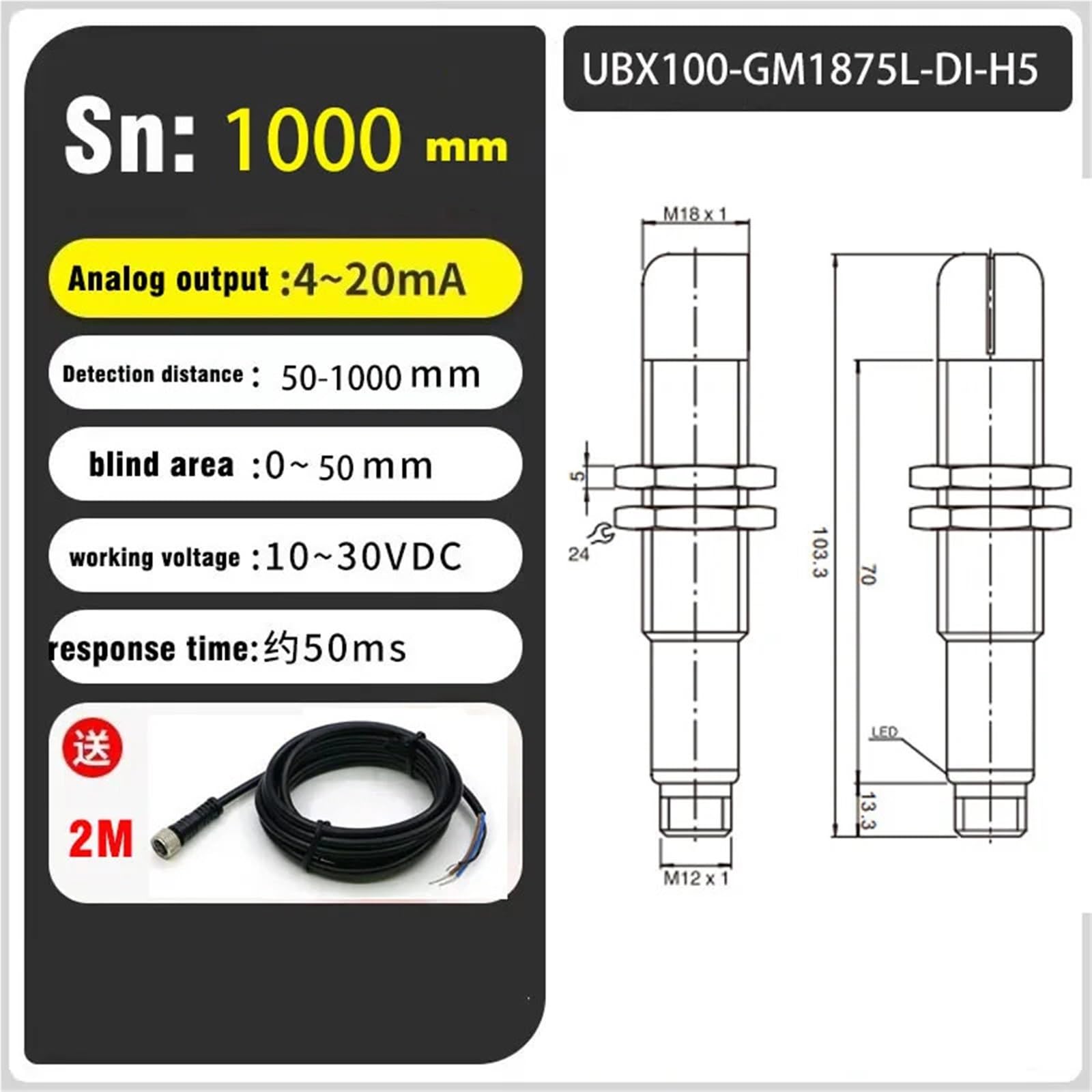 Sensore di prossimità ad ultrasuoni M18 30-1000mm 24VDC analogico 4-20mA/0-10V Uscita Sensore di livello liquido ad ultrasuoni (UBX100-GM1875L-DU-H5)