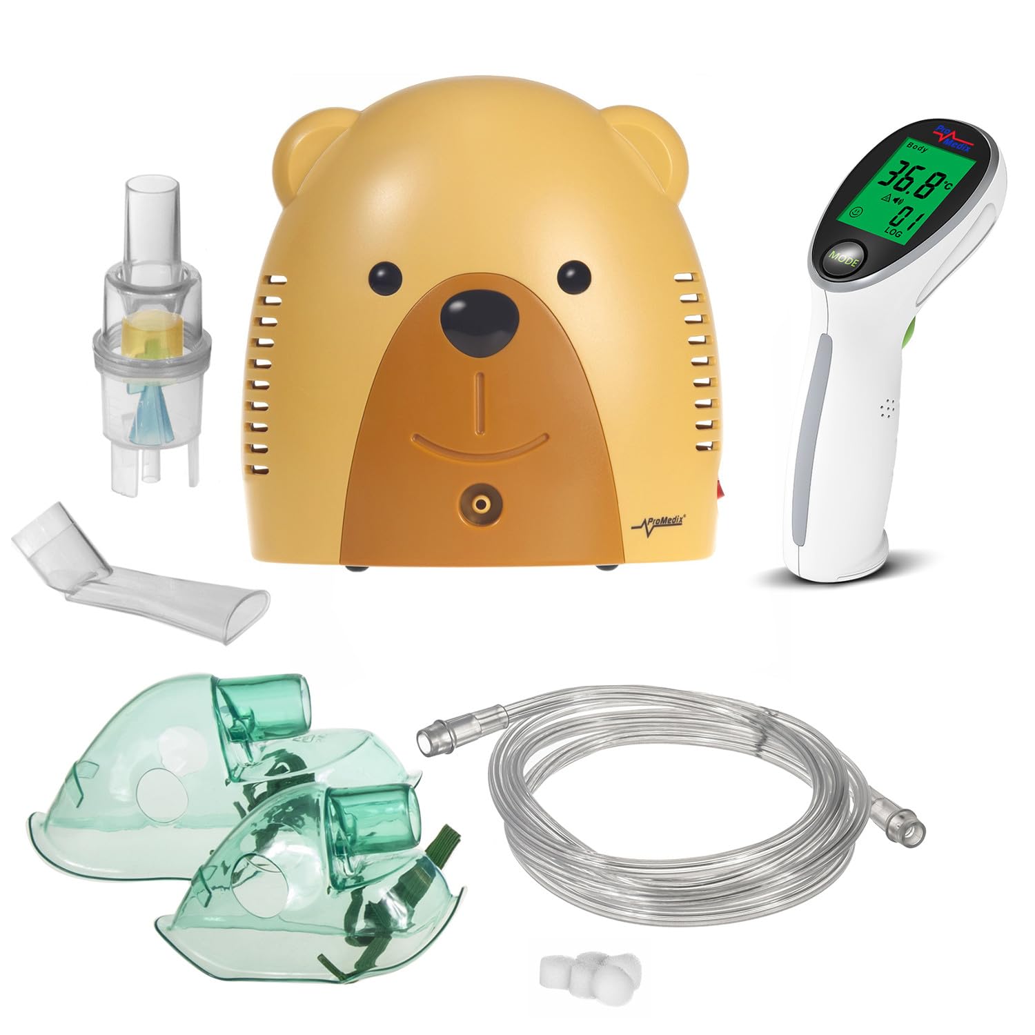 Zestaw Inhalator dla Dzieci + Termometr na Podczerwień Promedix | Cichy dla rodziny | Maseczki dla dzieci i dorosłych (Misiek)