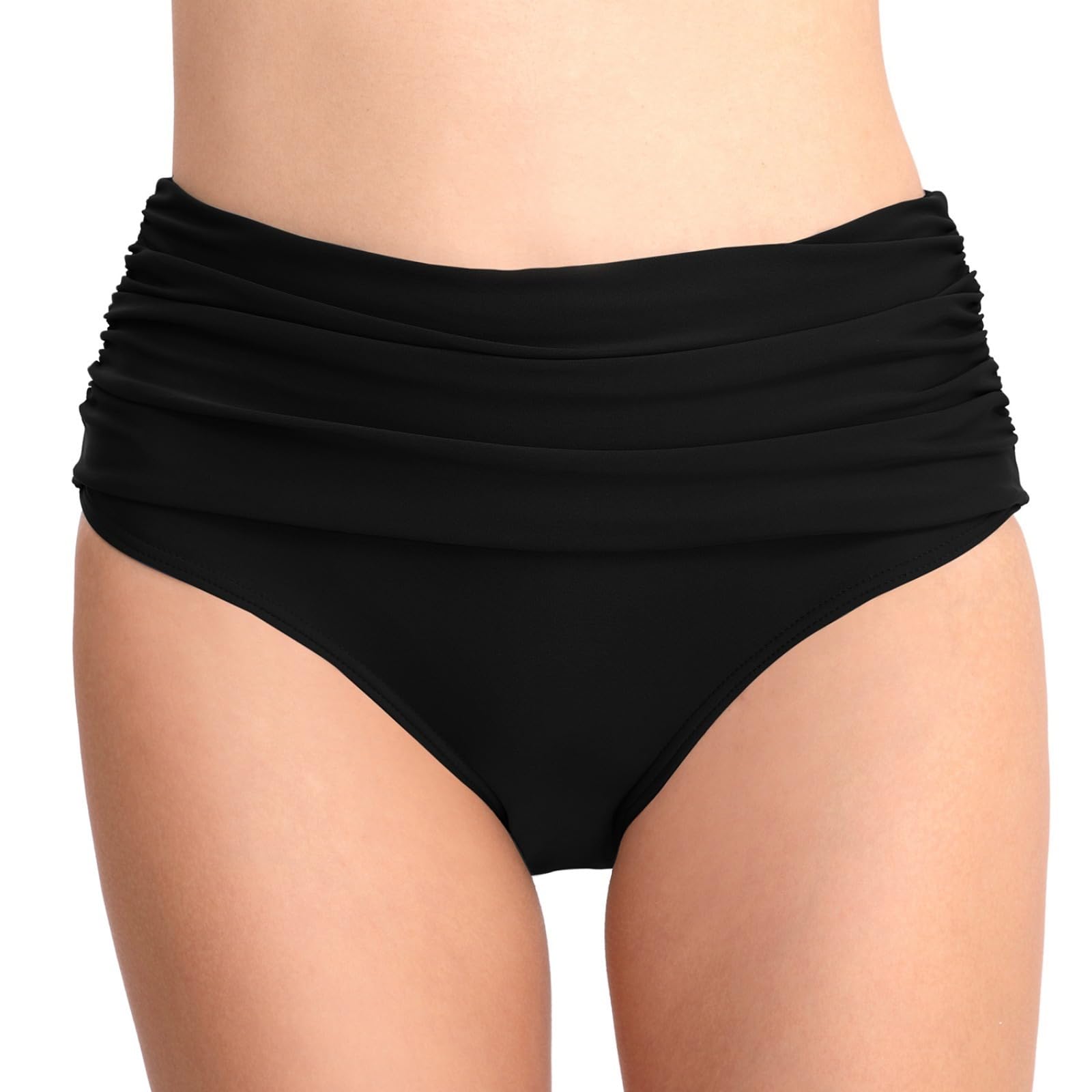 ZLQRSSWK Damen Bikinihose Badeanzug Elastischer Bauchweg High Waist Schwarz Strand Badeshorts Abdominal Ruched Klassische Badehose Klassische Bikinihosen für Damen in Uni-Farben