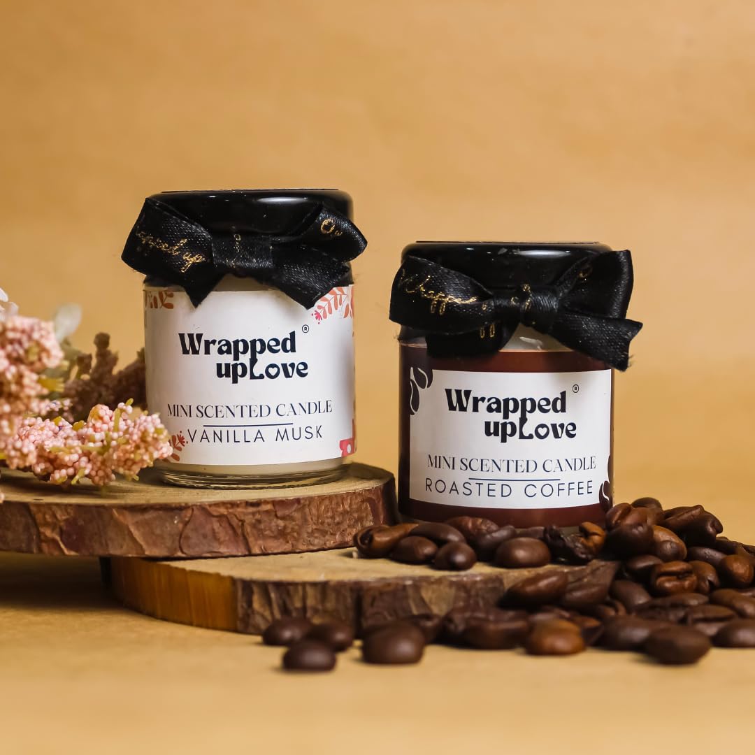 Wrapped up Love Soy Wax Mini Scented Candles Pack of 2 (Roasted Coffee and Vanilla Musk, Luxury Scented Candle, Hand Poured, Long Burn Time, Black soot Free)-image-5