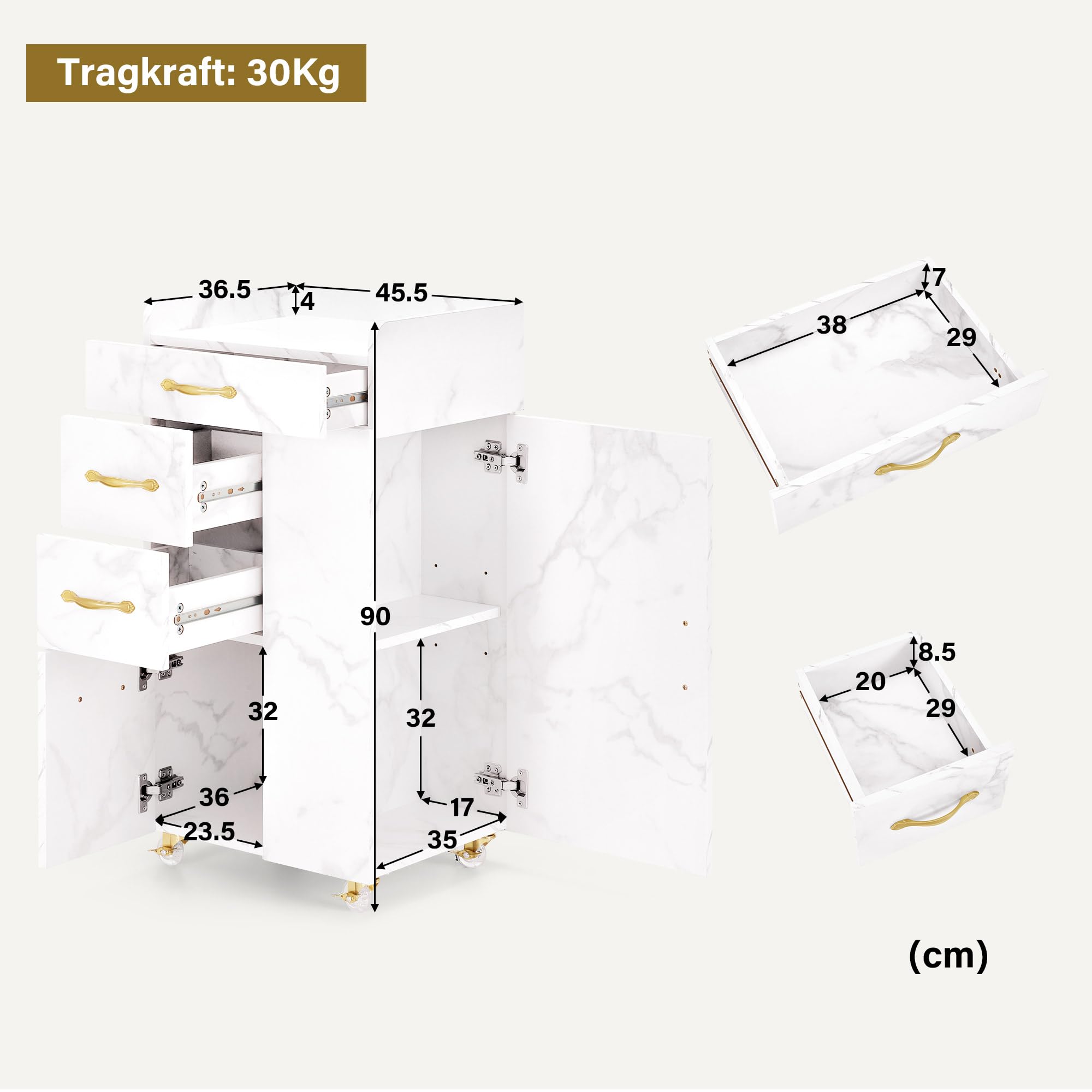 BarberPub Friseurwagen mit 3 Schubladen & 2 Schränken, Beauty Salon Trolley mit 3 Föhnhaltern, 39x58x90cm, Weiß-Gold