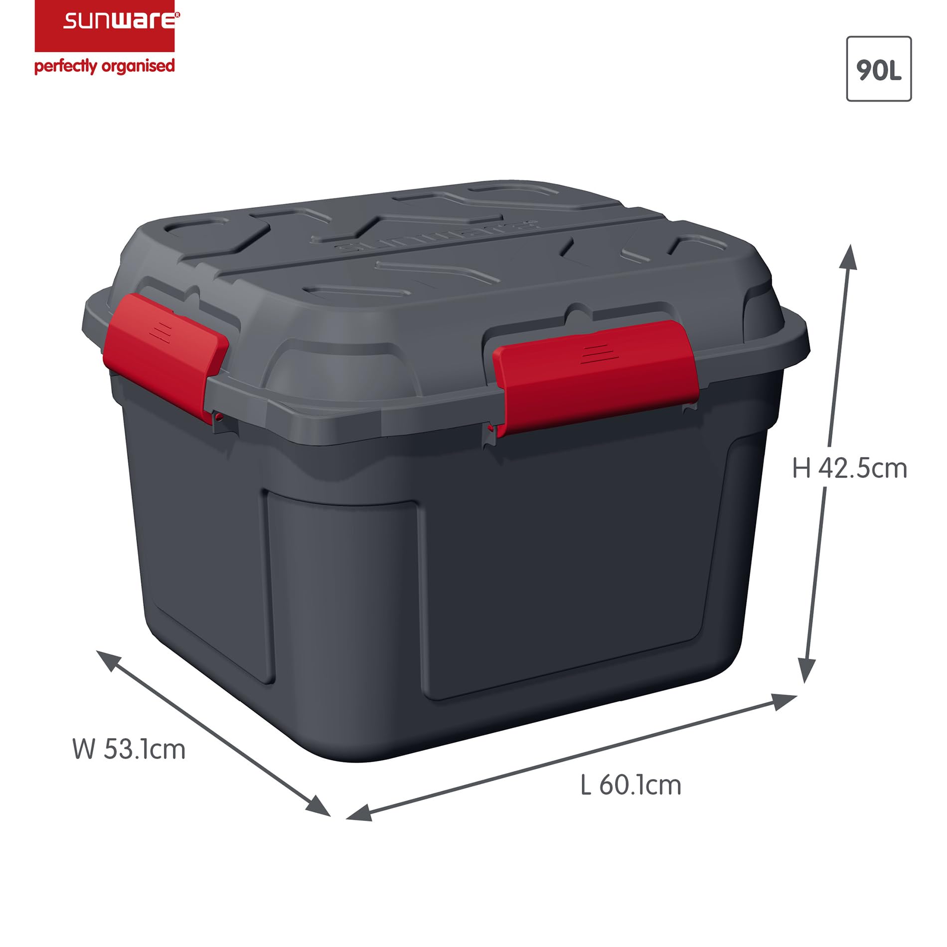 Sunware Q-line Boîte de rangement étanche 90 l - 60,1 x 53,1 x 42,5 cm - Boîte en plastique avec joint d'étanchéité - Verrouillable et empilable - Anthracite/rouge