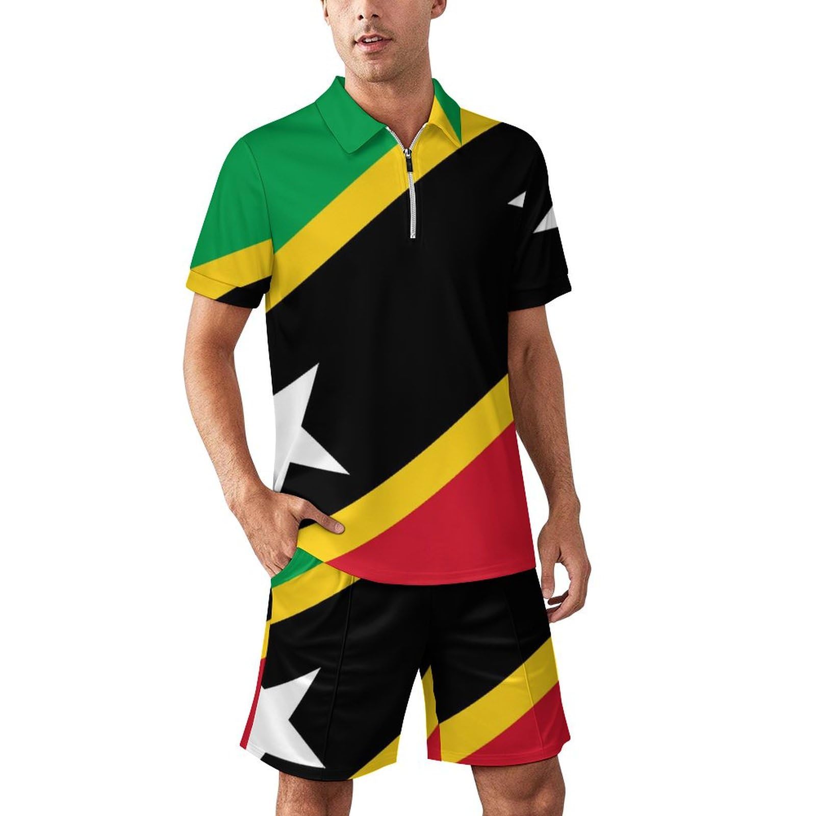 Saint Kitts and Nevis Flag Men's Polo Shirts and Shorts Short Sleeve Outfits Golf Top 2XL