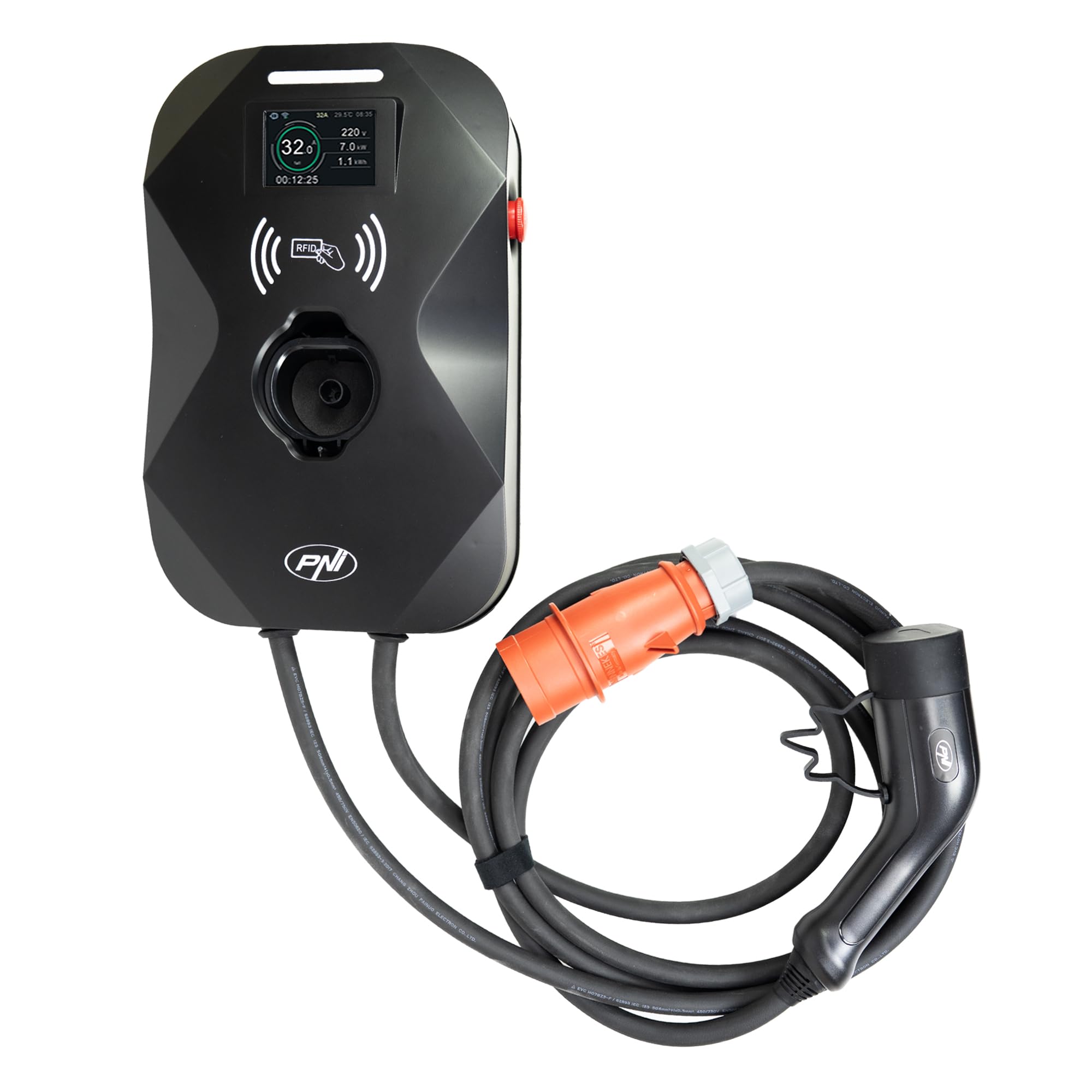 PNI Estación de Carga KW22 32A, 22KW, para Coches eléctricos, 85V - 415V, trifásica, Cable Tipo 2 de 7 Pines, Pantalla de 3,5 Pulgadas, con Bluetooth, Control Mediante App