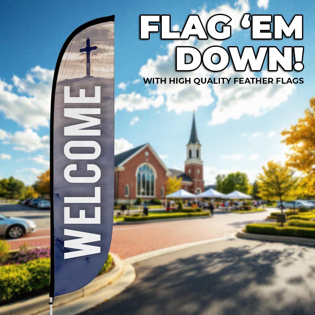LookOurWay Feather Flag Set, 12 ft Advertising Flag with Fiberglass Poles and Ground Spike for Business Promotion, Church Theme (Welcome)
