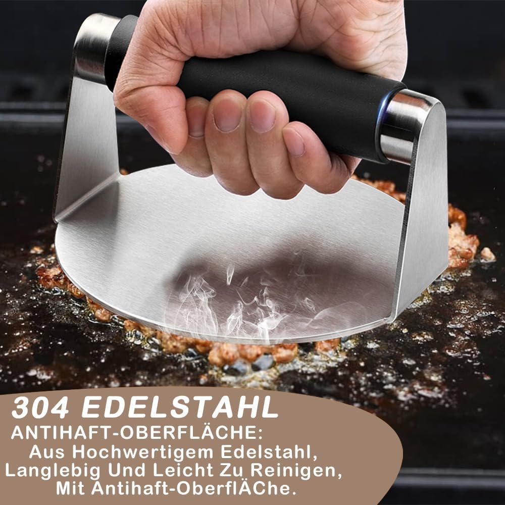 Set per burger, 5 pezzi, pressa per hamburger, in acciaio inox, include pressa per hamburger, spatola per barbecue, spatola e campana per hamburger, per piastra a gas, teppanyaki