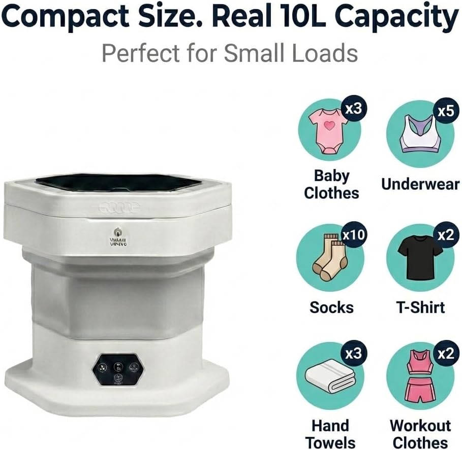 Portable Folding Washing Machine, 12L Mini Washer for Baby Clothes, Underwear, Delicates - Foldable, Quiet, Space-Saving Laundry Machine for Travel, Dorms, Apartments, Camping, Small Loads
