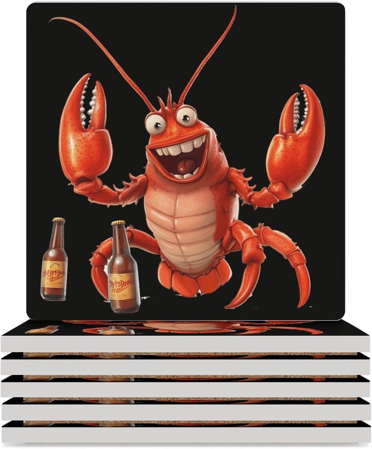 Beer Drinking Lobster Craft Beer Ceramic Coasters Set Square Drink Coasters Table Coaster for Kitchen Desktop Decor