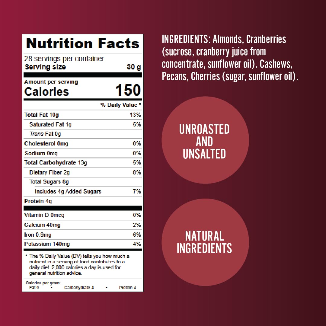 Germack® - Cherry Berry Nut Mix - Cashews, Dried Cranberries, Michigan Dried Cherries, Almonds, and Pecans - Unroasted and Unsalted (30oz Jar)