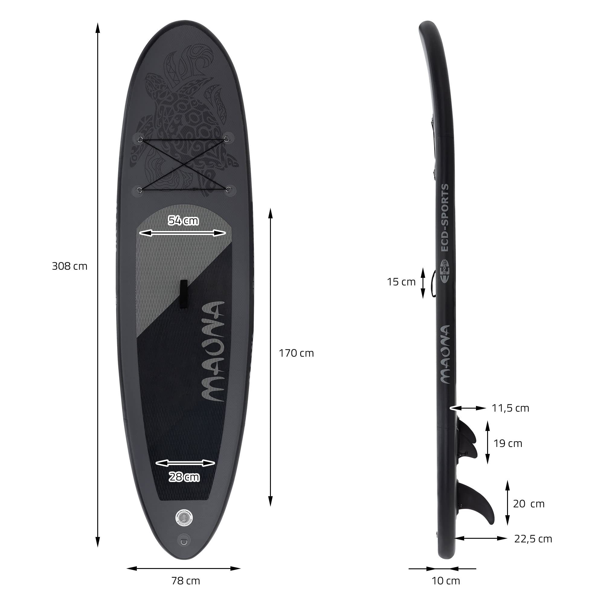 ECD Germany Maona nadmuchiwana deska do paddleboardingu, turkusowa/czarna/różowa/szara/oliwkowa, 308 cm, wykonana z PCW, aluminiowe wiosło, kompletny zestaw, deska SUP, deska surfingowa