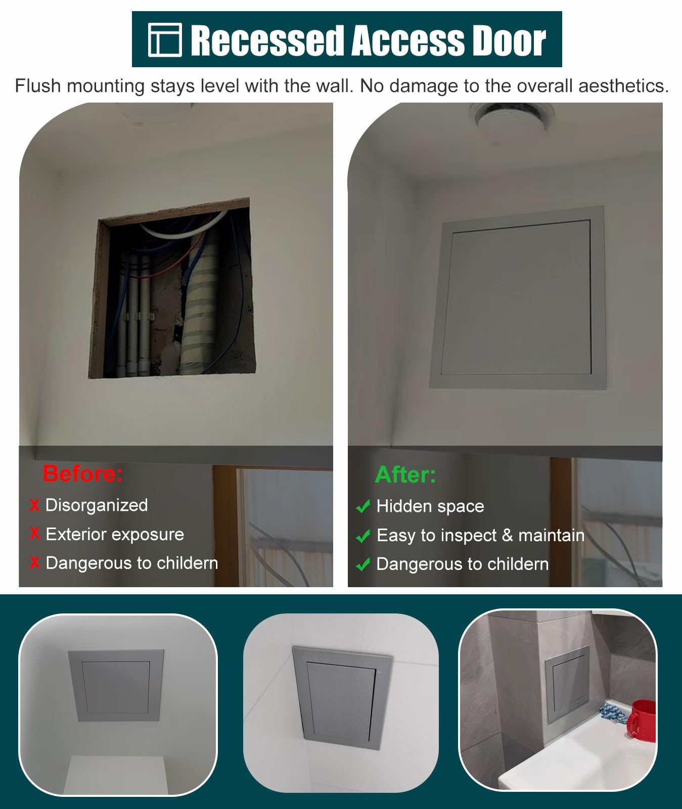 Panel de acceso magnético para paneles de yeso de 48 x 55 cm, cubierta de pared de montaje empotrado, puerta de inspección pequeña para fontanería, baño, ático, accesorio gris