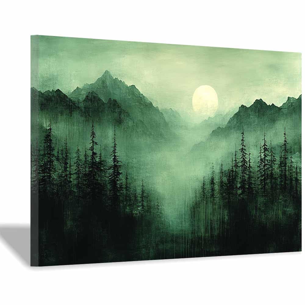 TERUEA Póster lienzo impreso con Árbol de la vida abstractas, Bosque Neblinoso Valle Lago Cuadros para Salon Foto con Lienzo Canvas Laminas Cuadro Dormitorio（Verde Oscuro-80x120cm1 Enmarcado