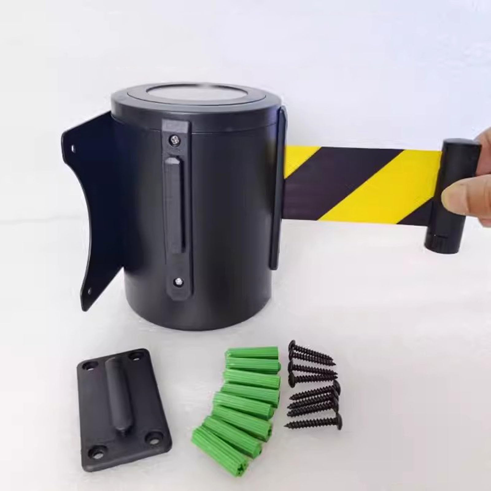 barriera retrattile, Barriera a muro for il controllo della folla da 10 m con cassa in acciaio nero, sistema di frenata sicurezza e pulsante bloccaggio(B)