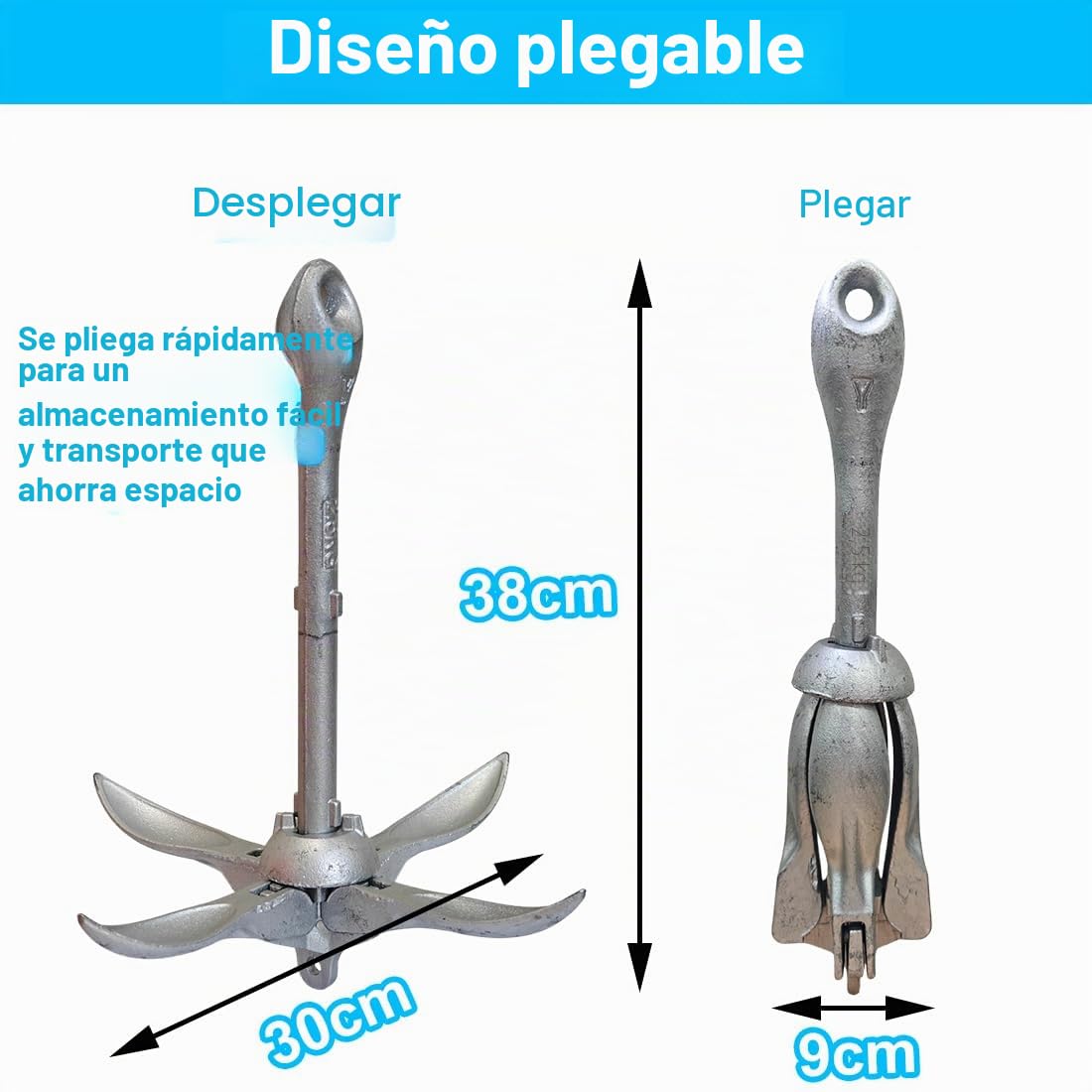 BeGrit Kit de Anclaje para Bote Ancla galvanizada 2.5kg, Ancla de garfio Plegable con Cadena galvanizada de 8 mm, para Botes de Pesca Sup inflables de Canoa de Kayak