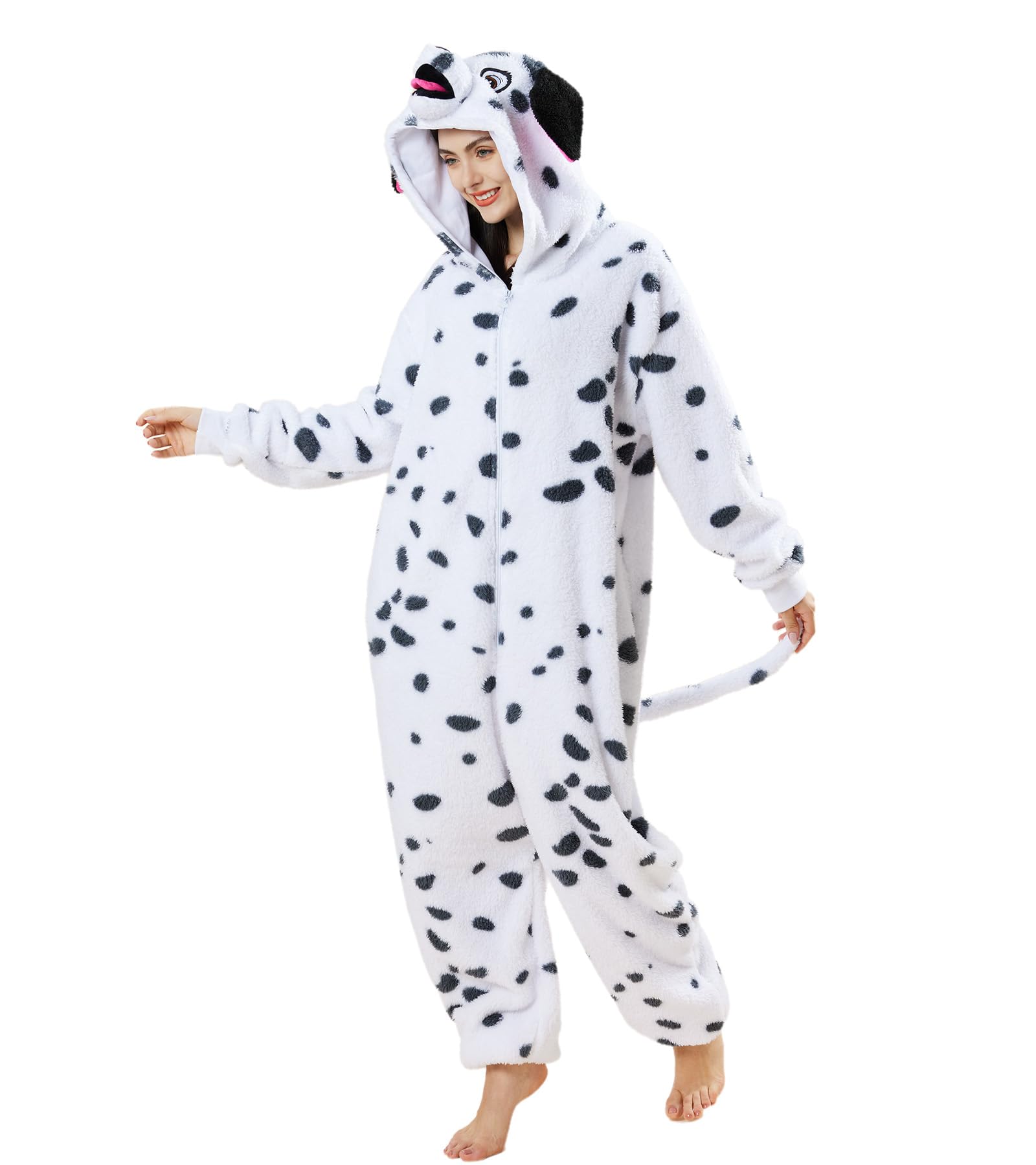 Dodheah Pijama unisex de Dálmata, disfraz de perro manchado, disfraz de Halloween, disfraz de animal para cosplay, overol de una pieza para adultos