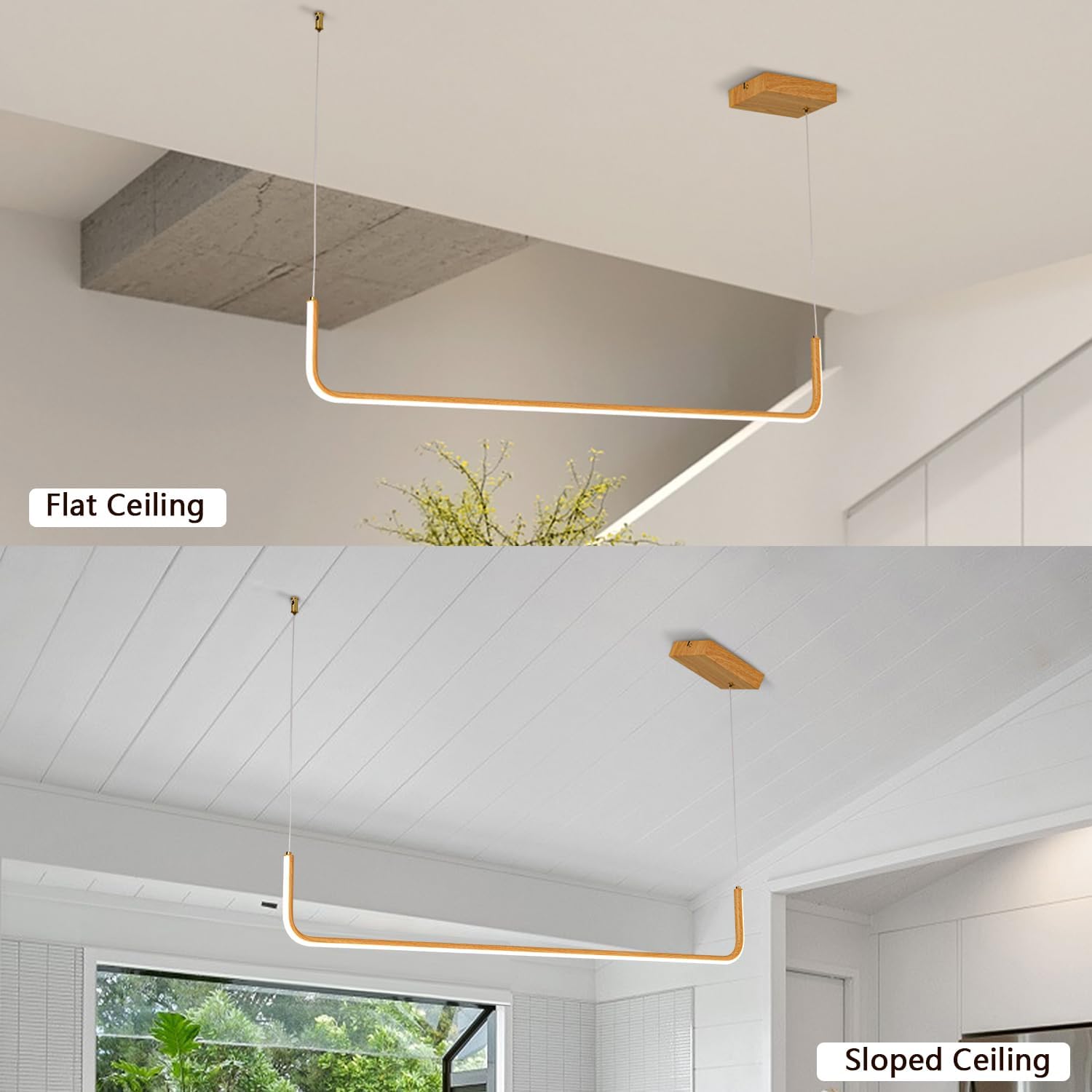 Sedelan Wood Linear Pendant Light, Dining Room Light Fixture, Modern Kitchen Pendant Lighting for Dining Room Kitchen Island Living Room Office Bar, Aluminum Woodgrain Print