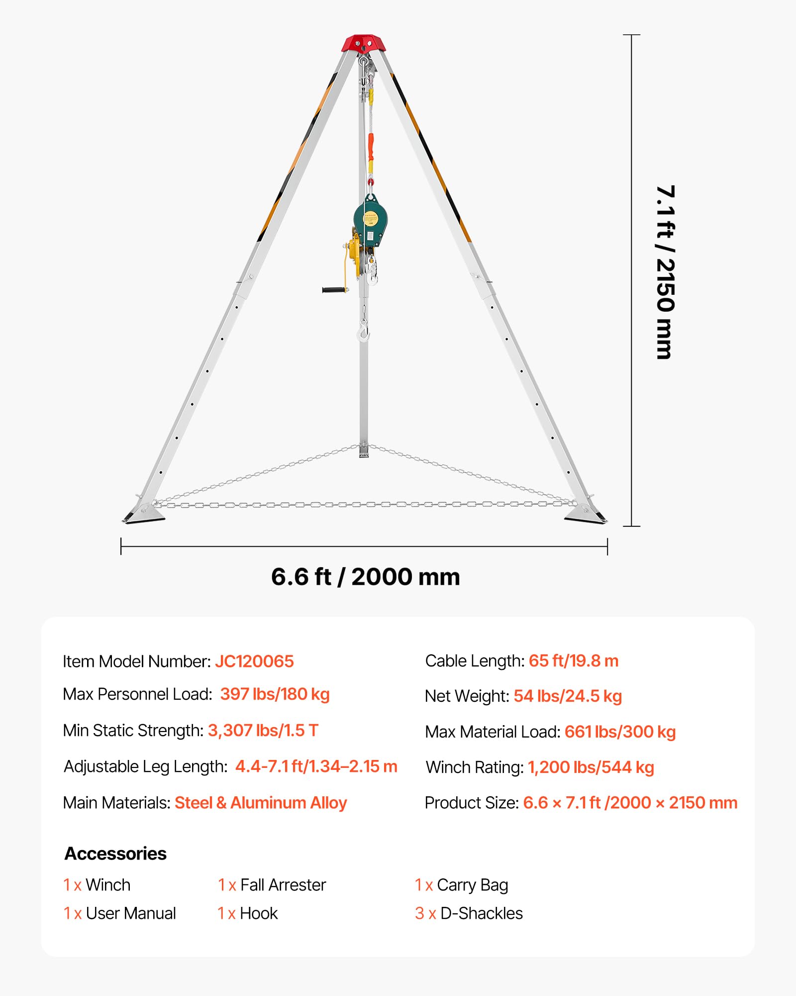 VEVOR Kit de Trípode de Rescate para Espacios Confinados, con Cabrestante 544 kg, Patas Ajustables de 1,25 m, Cable de 19,8 m, Protección Anticaídas de 10 m, Altura de Trabajo de 1,34 a 2,15 m