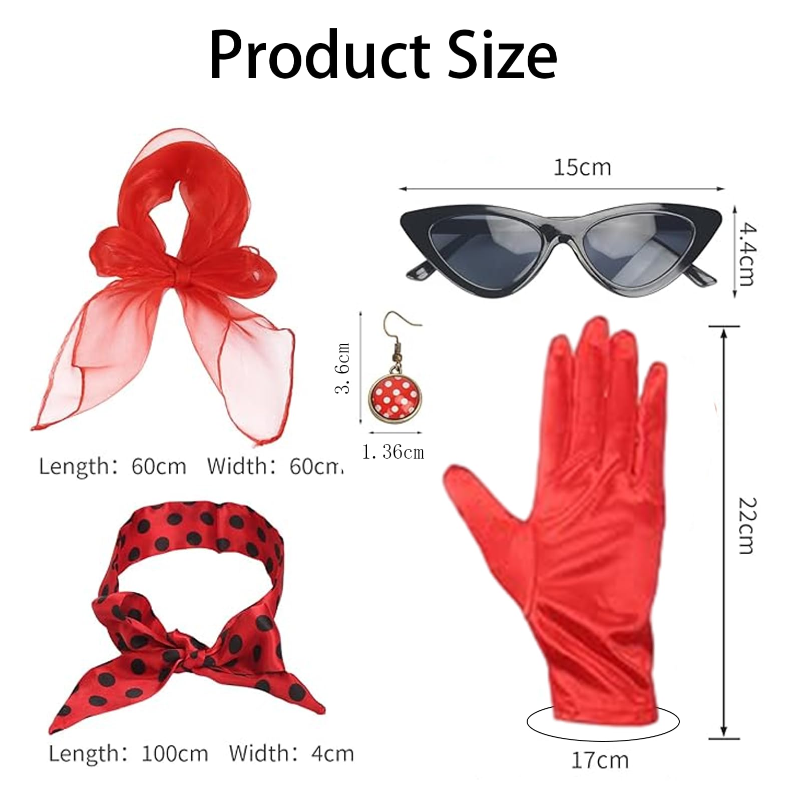 GWAWG 5 Piece 1950s Rockabilly Costume Accessory Set for Women Retro Chiffon Scarf Polka Dot Headband Cat Eye Glasses for Theme Carnival Fancy Dress Parties - Image 2