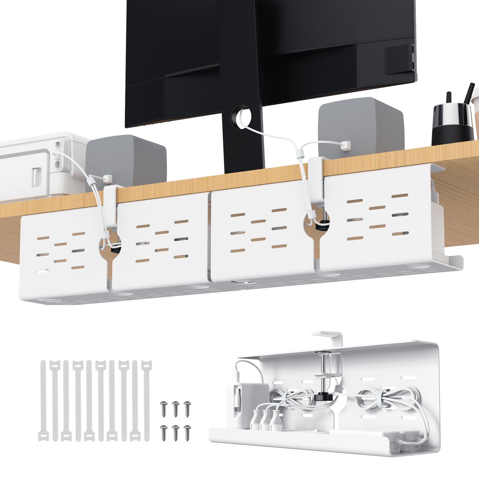 KEEGH Under Desk Cable Management Tray, 2 Pack No Drill Desk Cable Baskets Upgrade Capacity, Clamp/Screw Mount Cord Organiser Desk, Gaming/PC Cable Tidy Tray Cord Hiders for Home Office, White