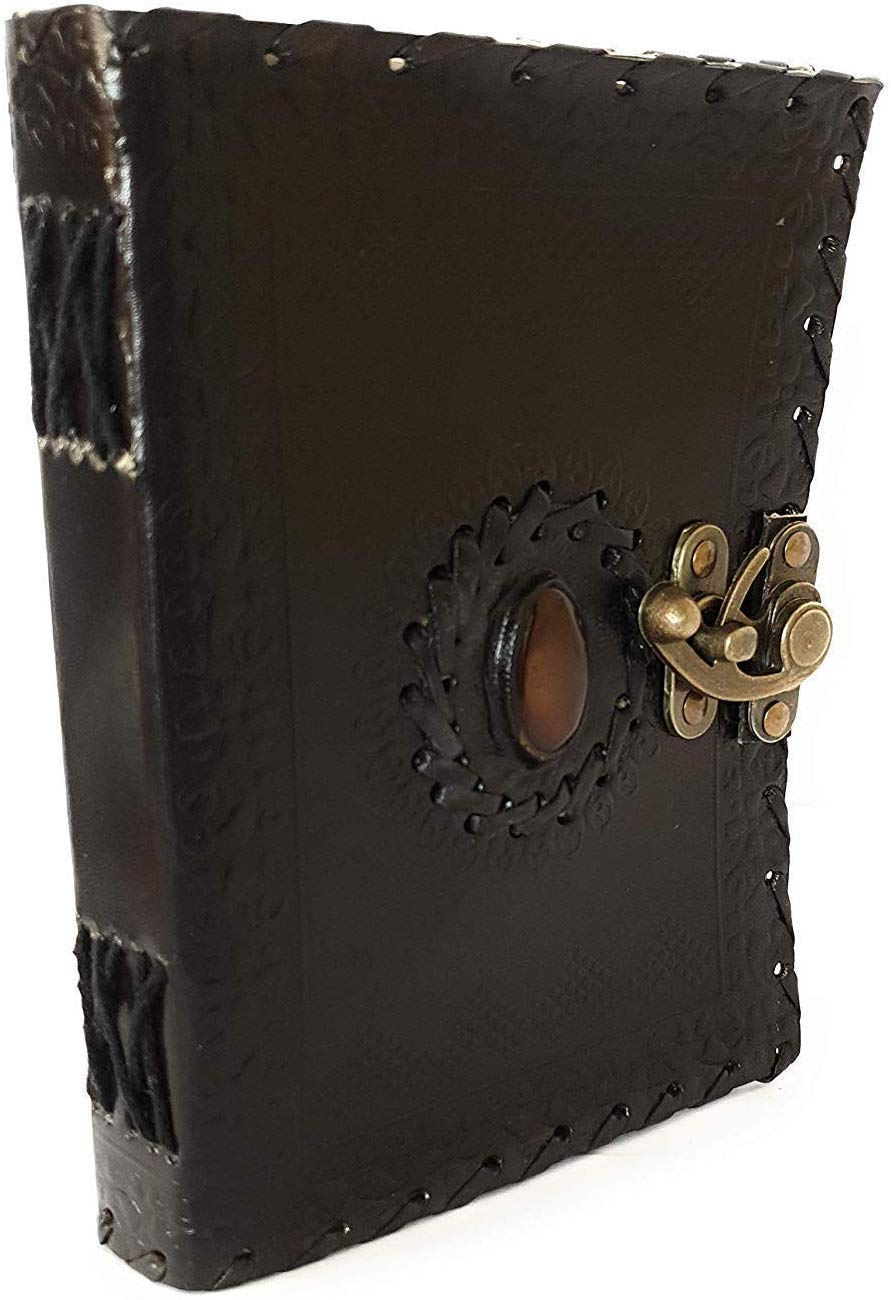 Tagebuch aus Leder, handgeschöpftes Papier, mit Schloss, für Büro/Zuhause, Größe (H x L), 5 cm, goldfarben