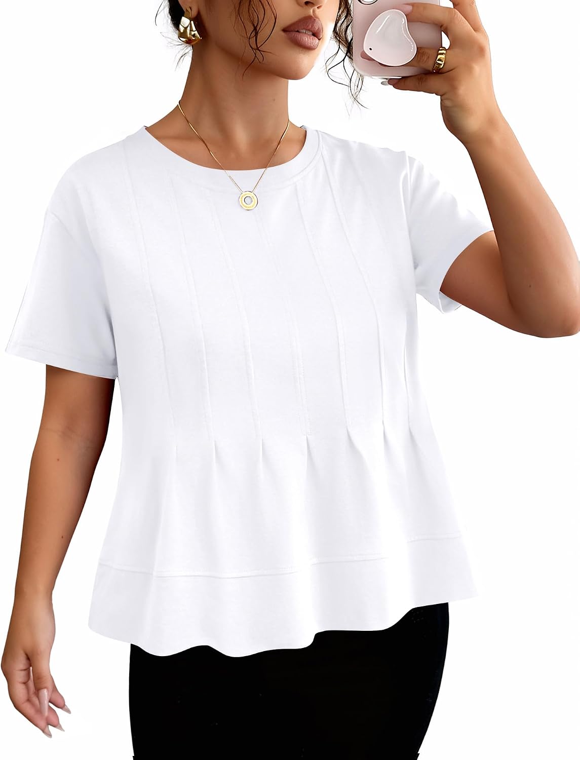LOMON Spring Peplum Tops for Women Babydoll Pleated Short Sleeve Crop Swing Shirts Blouses Trendy Casual Clothing 2026