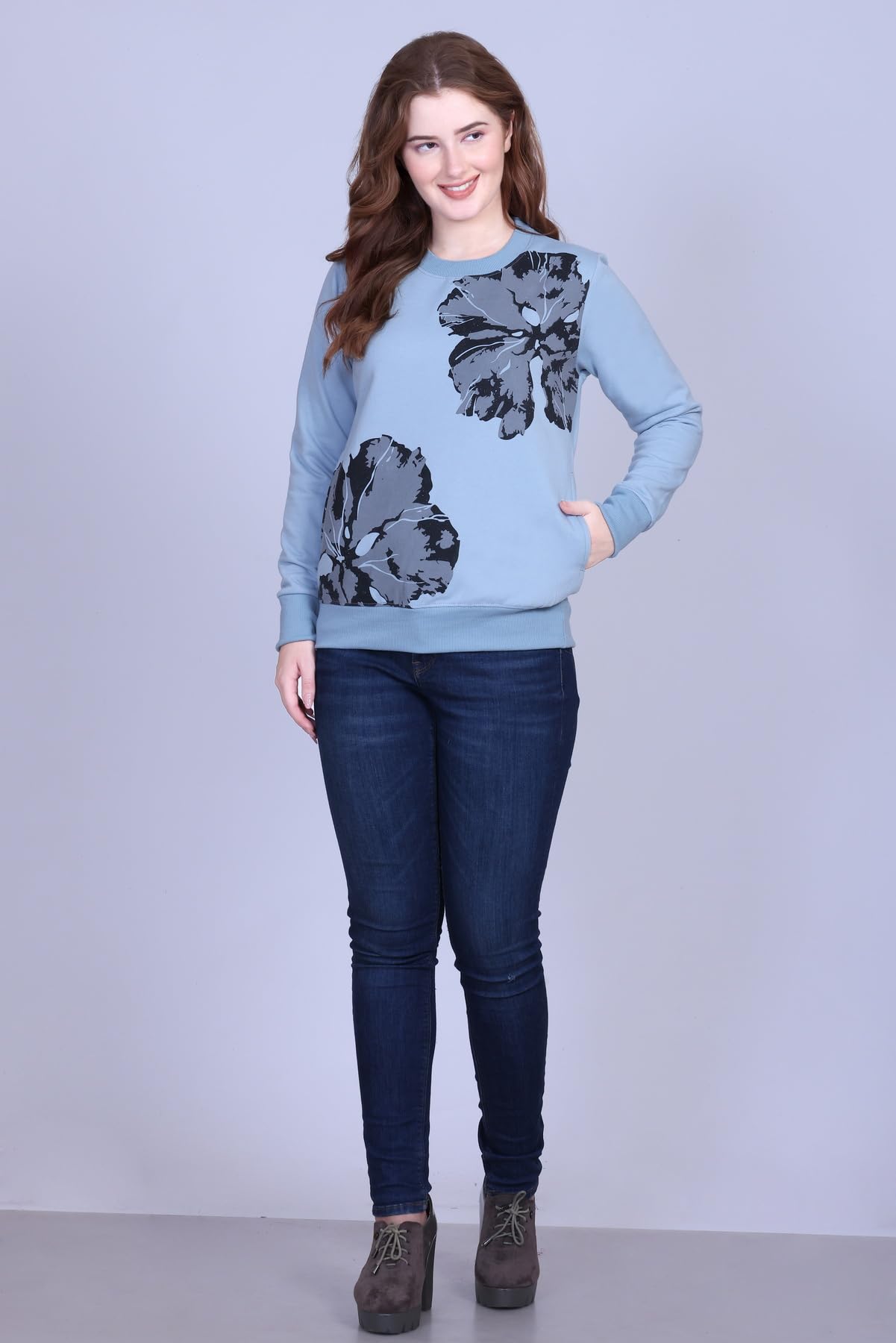 DG Divine Girl Women’s Printed Round Neck Sweatshirt | Winter Wear Fleece Cotton Fabric | Full Sleeves Casual Pullover for Girls & Women (in, Alpha, 2XL, Regular, Standard, 2 Flower Grey) - Image 7 thumbnail