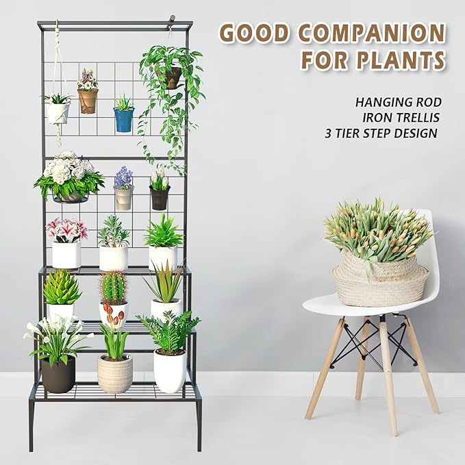 Image of Metal Plant Stand for Balcony, Living Room, Garden, 7 Layer Coating, 24 inches, Round, Galvanised (Black)