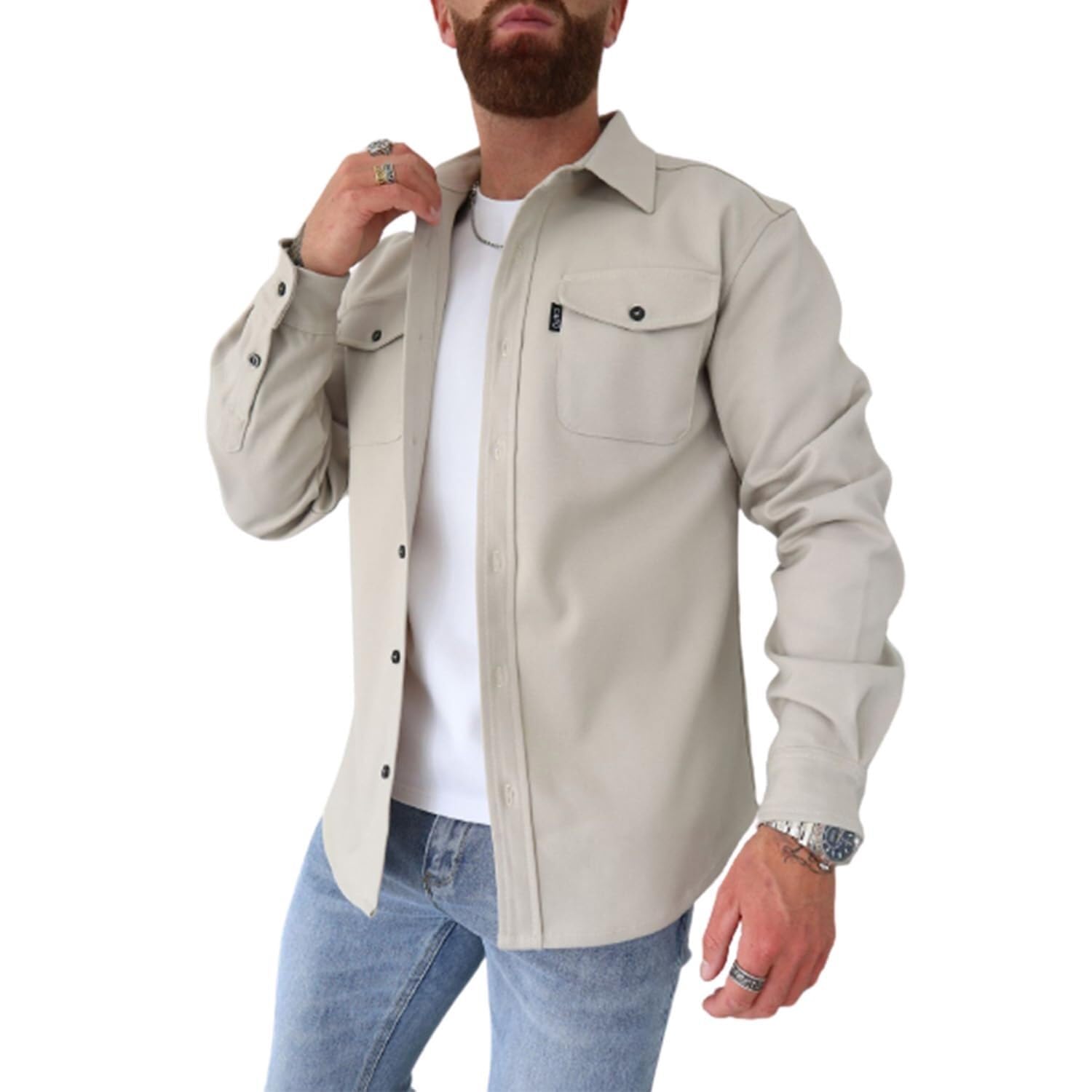 Lockenstab Men's B Button Down Shirt Jacket Casual Stylish Shirt Jackets(Beige,S)