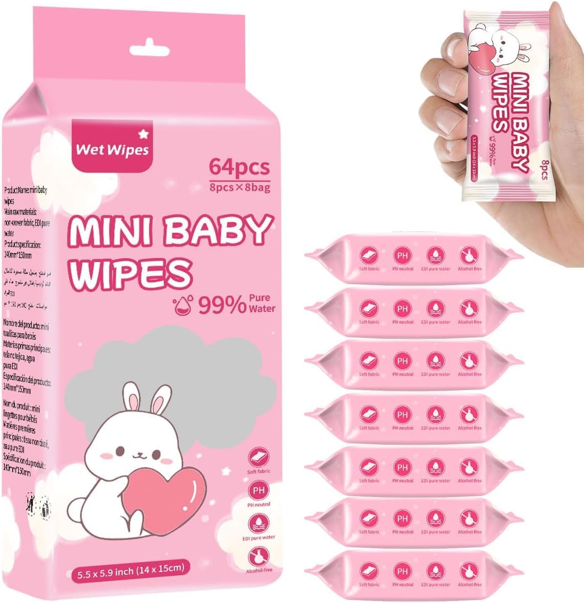 Mini Wet Wipes – 64 Count Pocket Wipes (8 Packs × 8 Wipes) | Alcohol & Fragrance Free | 99% Pure Water Baby & Adult Wet Tissues for Hand, Face & Travel Use (64, Pink)-image-30
