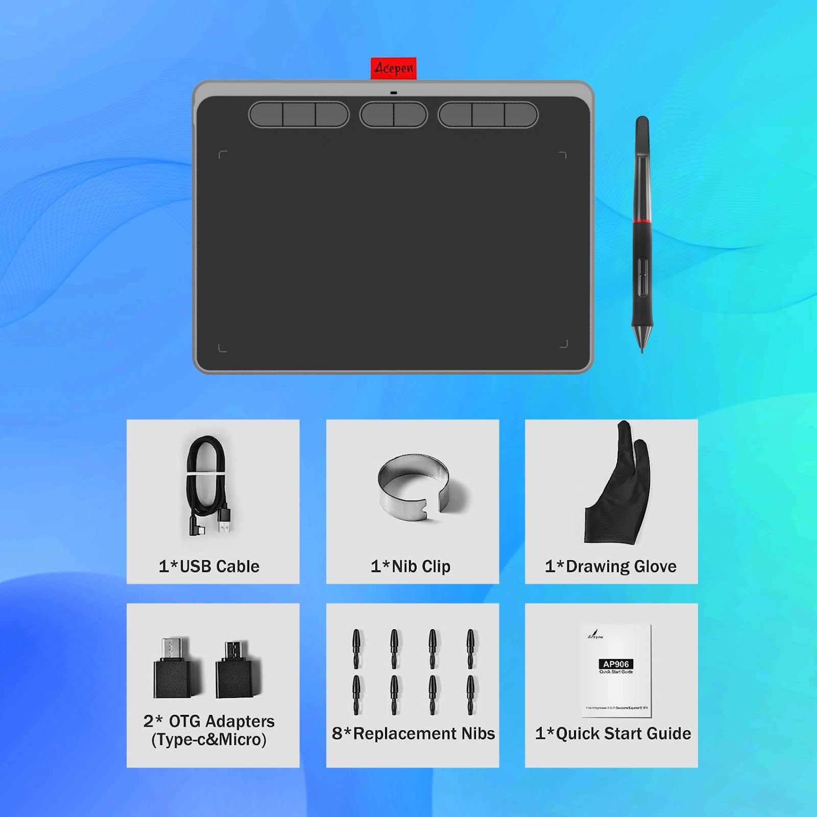 Tableta de dibujo digital – Tableta de dibujo gráfico de 9 x 6 pulgadas con 8192 niveles de presión, 8 teclas personalizadas