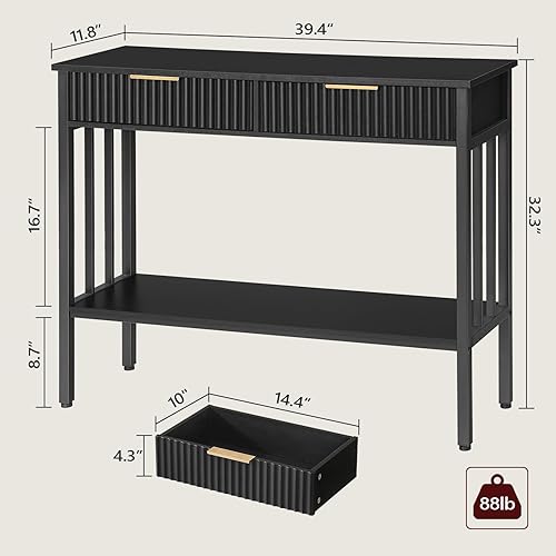 Miniatura 3 de Mesa consola, mesa de entrada larga estrecha con estante de almacenamiento, mesa de entrada acanalada de 2 niveles con 2 cajones, para entrada, sala