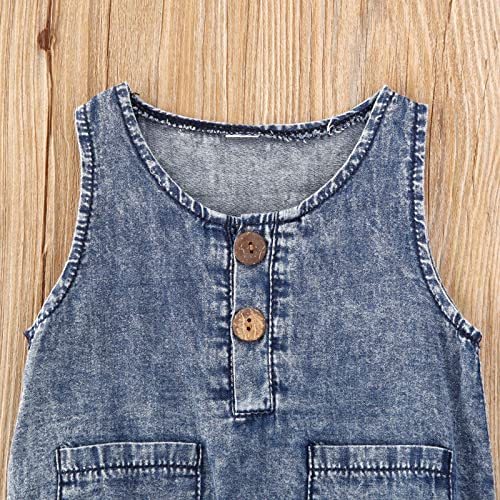 Mainesaka Baby Boys Girls Western Denim Bodysuit Sleeveless Button Front Denim Bodysuit With Pocket Summer Jeans Romper Clothes (Dark Blue, 9-12 Months) #TOP3