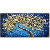 Okbonn Large Gold and Blue Oil Paintings Modern Framed Tree Art 3D Hand Painted Artwork Abstract Flowers Pictures on Canvas Wall Art Ready to Hang for Living Room Bedroom Home Decor(24X48 inch)