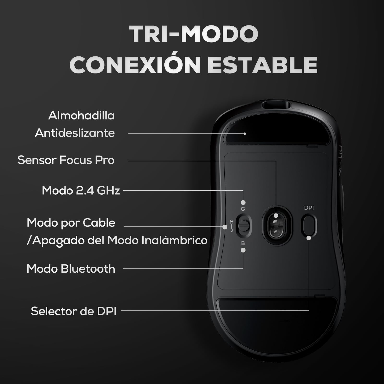RK ROYAL KLUDGE M3 Ratón Gaming Inalámbrico Ultraligero 47g, PAW3950 Sensor 42000 dpi, 8K Wireless Mouse BT/2.4G/USB, 5 Botones Programables, Diseño Ergonómico, Batería 650mAh para PC/Consolas, Negro
