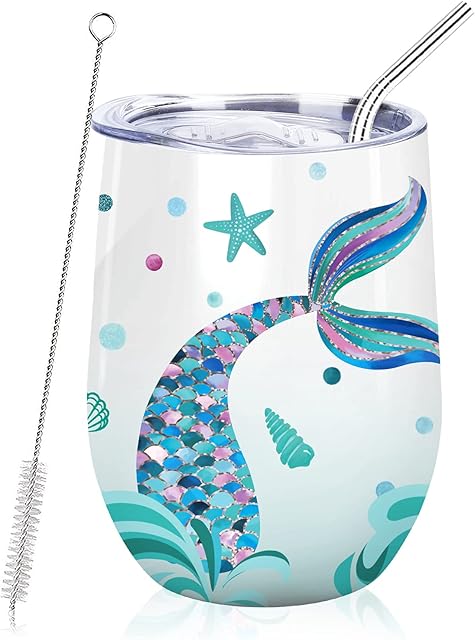 NymphFable 12oz Mermaid Cup For Women Wine Tumbler with Lid and Straw Stainless Steel Insulated Travel Mug Double Wall