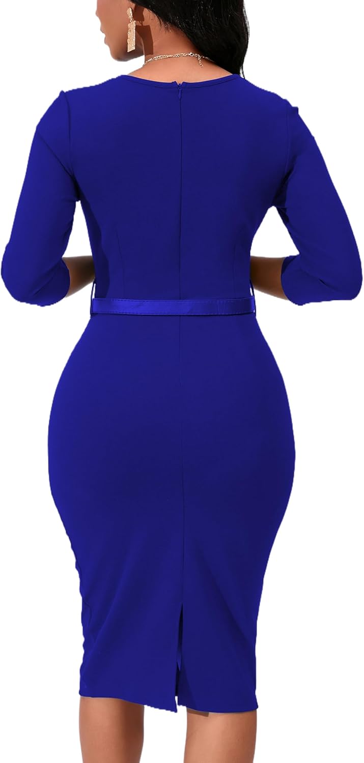 Womens 1950s Vintage Bodycon Pencil Midi Dress 3/4 Sleeve Work Church Knee Length Sheath Dress with Belt Belt - Image 6
