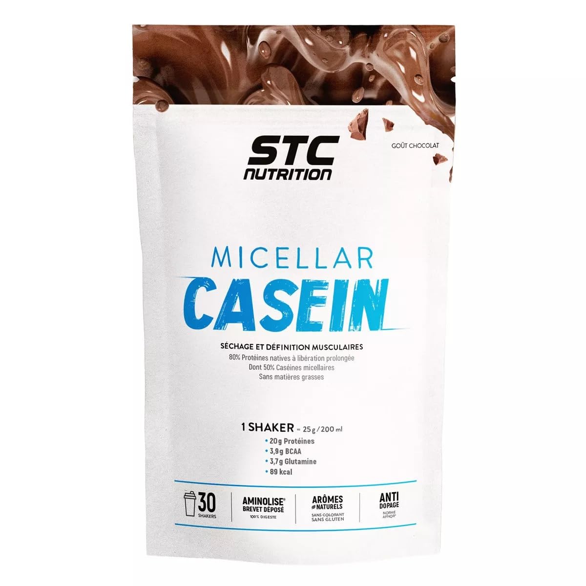 STC NUTRITION Micellar Casein, Protéines Natives, Développement Muscle Sec, Innovation Brevetée Aminolise 100% Digeste, Sans Colorants, Sans Gluten, Goût Chocolat, 25 Shakers, 750 g