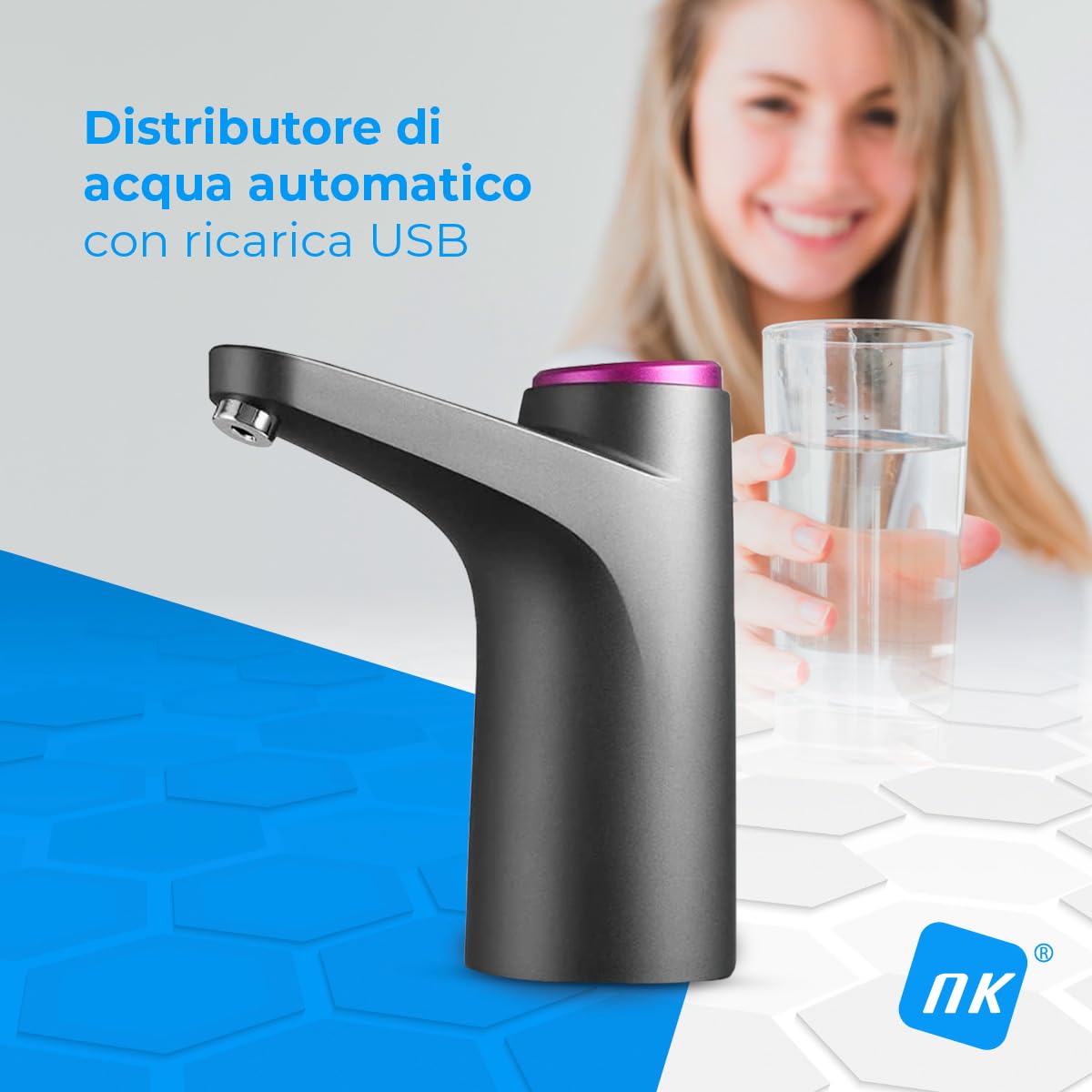 Distributore d'acqua NK - Indicatore LED, batteria ricaricabile USB da 1200 mAh, materiale in silicone, compatibile con da 4,5L 5L 7,5L 10L 11,3L 15L 18,9L - adattatore da 3,8 e 4,8cm - (nero)
