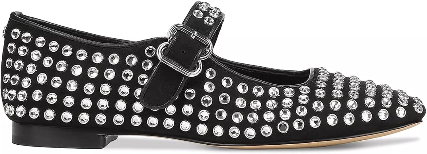 olomisa Rhinestones Ballet Flats for Women, Sparkly Mary Jane Flats Ballerina Square Toe Buckle Strap Shoes - Image 2