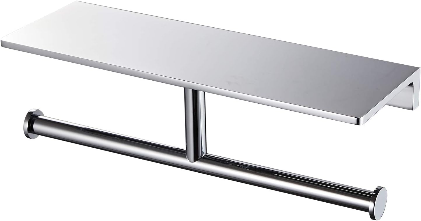 Double Roll Toilet Paper Holder with Solid Brass Shelf and Superior Hotel Style Toilet Paper Dispenser, Saving Storage, Polished Chrome Finish