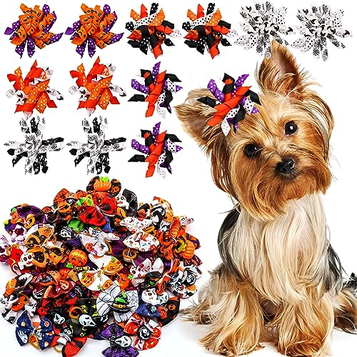 Halloween Decorations for Dog 60Pcs/30Pairs Halloween Dog Hair Bows with Rubber Bands Small Dog Bows Puppy Grooming Bows for Cat Bunny Yorkie Pet Hair Grooming Accessories