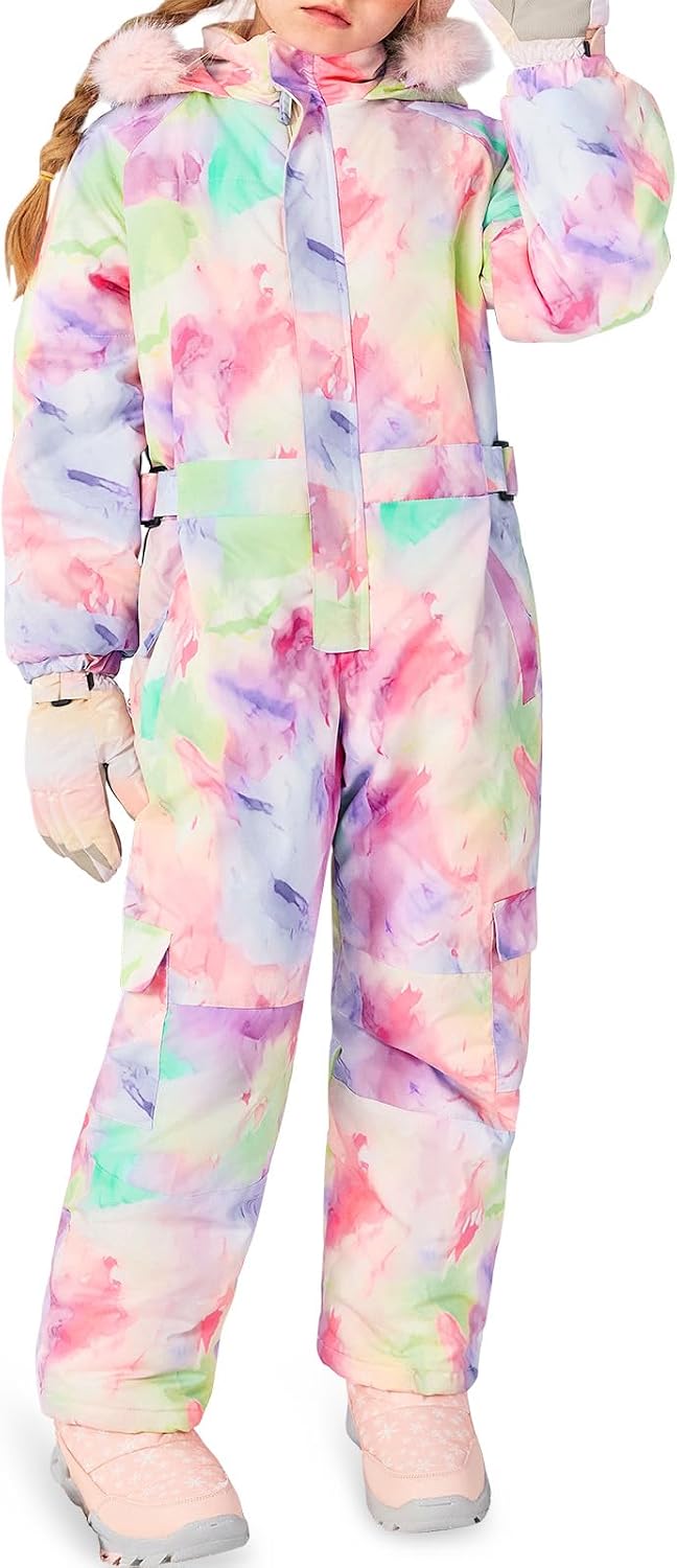 Haloumoning Girls Colorful One Piece Snowsuits Kids Hooded Fleece-Lined Waterproof Ski Suits Coveralls Winter Jumpsuits