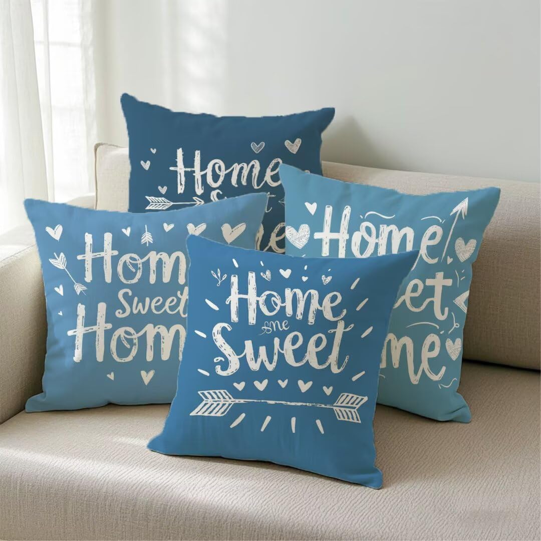 Fundas de Cojines Exterior Impermeable de Lino Fundas de Almohada Sofa Azul, Juego de 4 Cuadrados Funda Cojin Hogar Decorativas para Jardín, Patio, Oficina, Terraza y Sala de Estar, 45x45 cm Ym322