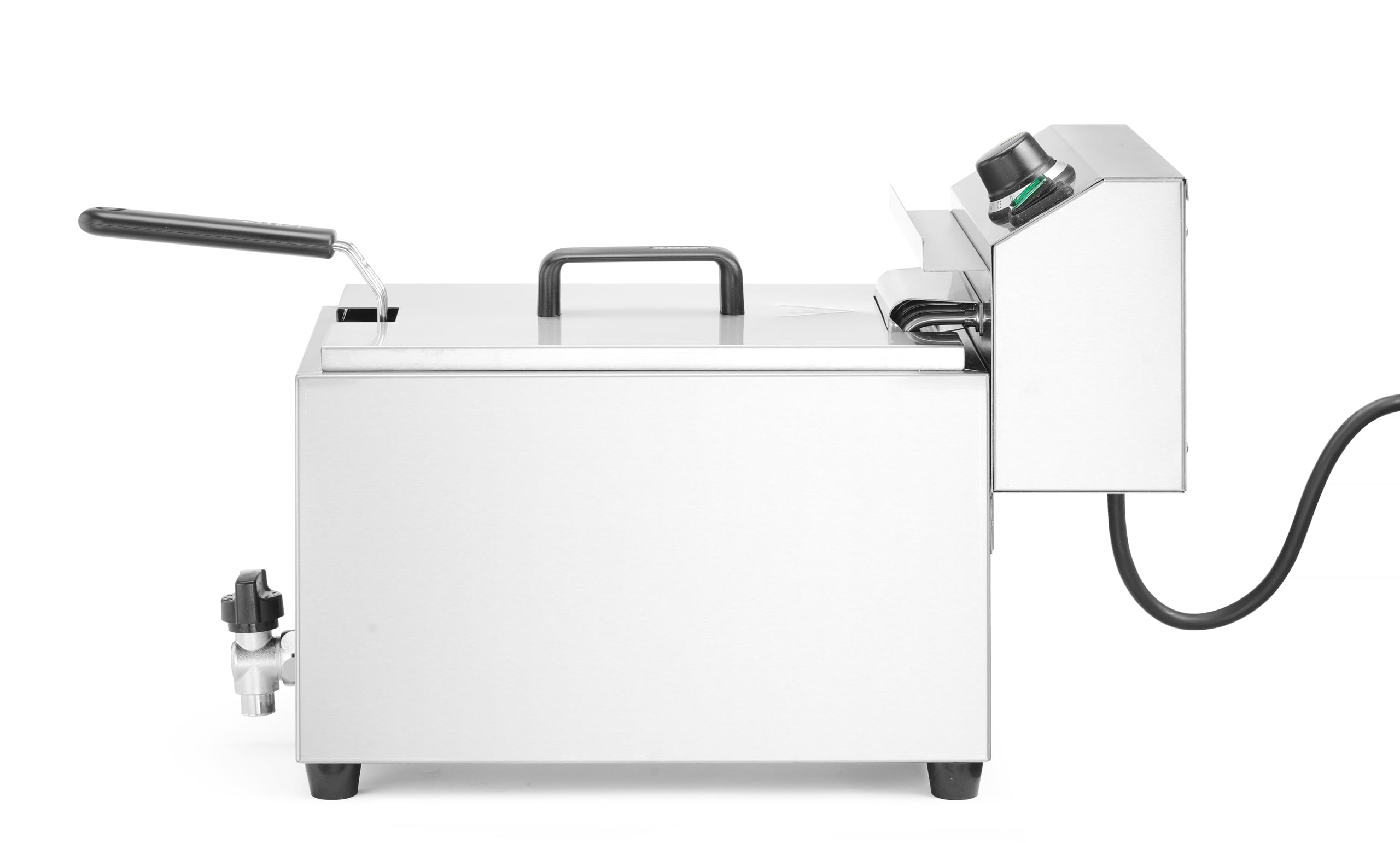 HENDI Freidora eléctrica XL GOLIATH, con grifo de vaciado, 50 °C-190 °C, zona fría, con tapa y cesta de freír, 10L, muy potente: 10200W, 400V, 300x585x(H)392mm, acero inoxidable