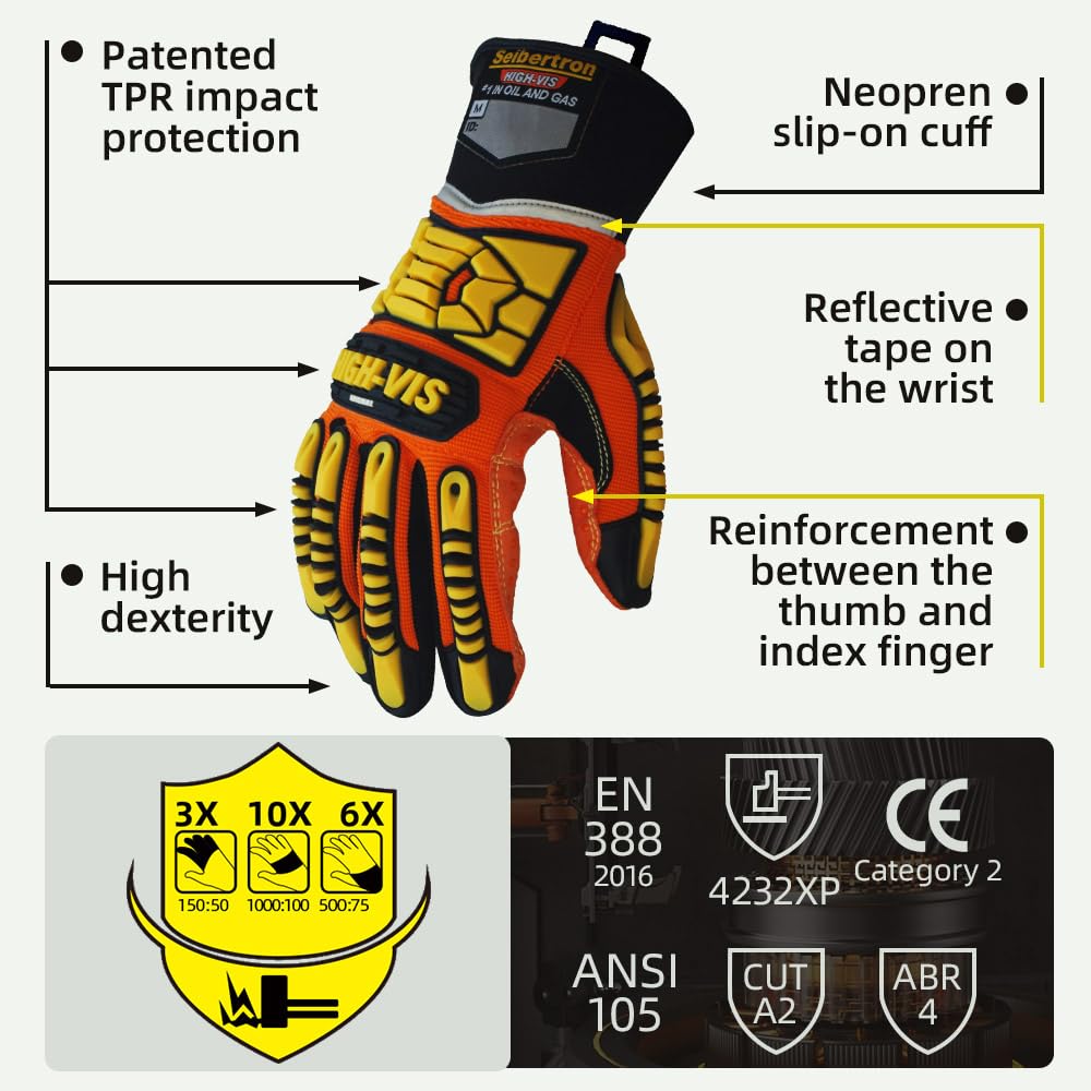 Seibertron High-Vis SDX2 Resistant Reducing Anti-Impact Mechanics Heavy Duty Safety Rescue Gloves CE EN388 4232 XXL with 1 Black Glove Clip - Image 4