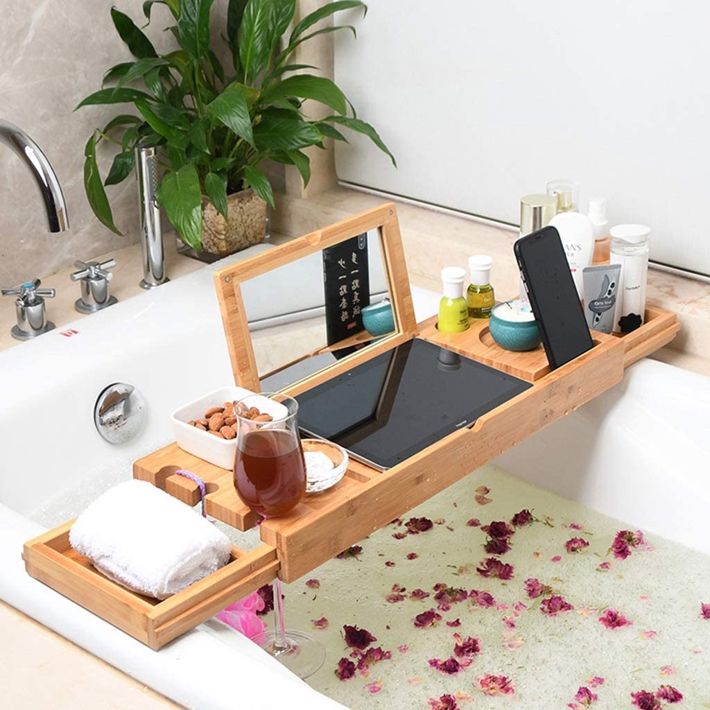 Bandeja de baño Bandeja de baño de madera extensible con espejo - Bandeja de baño ajustable Organizador de estante para bañera Mesa de baño para libro Teléfono Tablet Vela Soporte para copa de vino -
